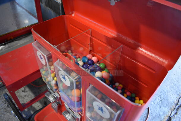 Red Metal Floor Style 3 Well Coin Operated Gum Vending Machine. Comes w/ Key. 16x16x43 - Image 4 of 5
