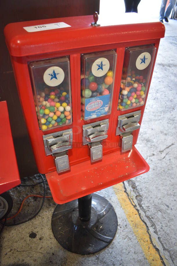 Red Metal Floor Style 3 Well Coin Operated Gum Vending Machine. Comes w/ Key. 16x16x43 - Image 5 of 5