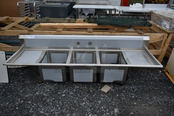 BRAND NEW SCRATCH AND DENT! Regency 600S31620218 Stainless Steel Commercial 3 Bay Sink w/ Dual Drain Boards. No Legs. Bays 16x20. Drain Boards 16x21 