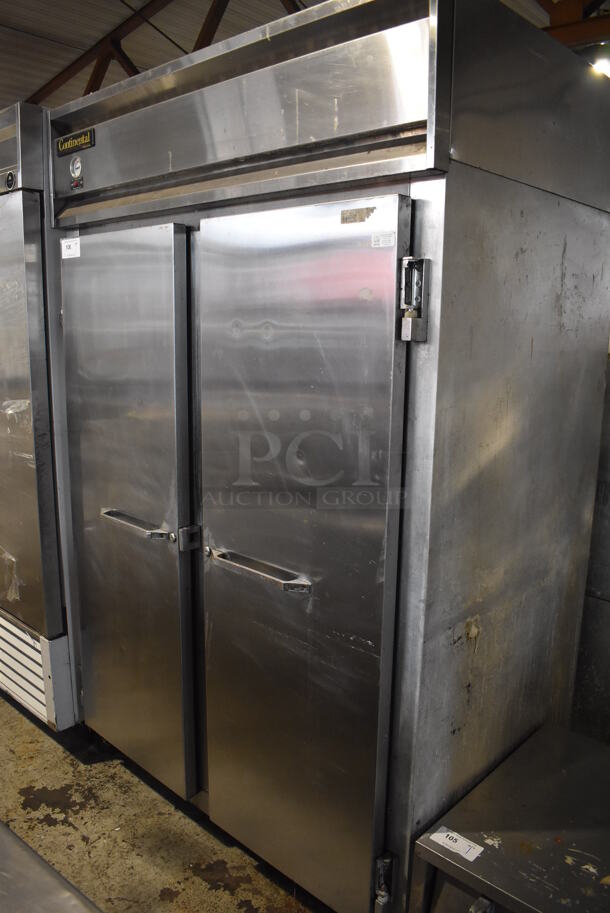Continental 2F Stainless Steel Commercial 2 Door Reach In Freezer w/ Poly Coated Racks on Commercial Casters. 115 Volts, 1 Phase. 52x34x82. Tested and Does Not Power On