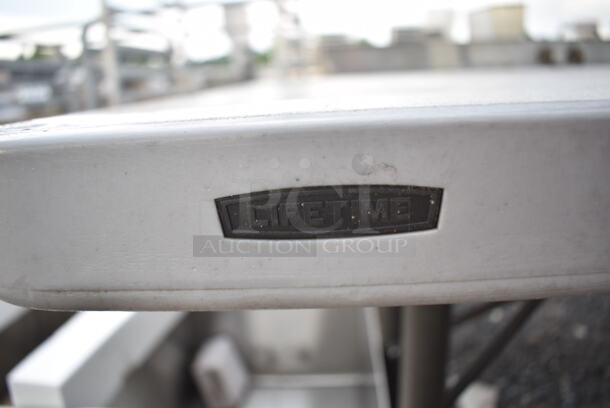 Lifetime Gray Poly Picnic Table on Black Metal Frame w/ Samuel Adams Patio Umbrella.  - Image 6 of 6