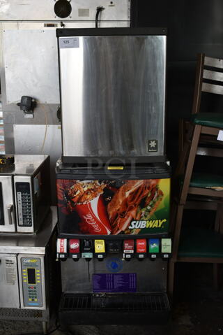 Manitowoc QY0424A  Stainless Steel Commercial Ice Head on SerVend MD-175 Stainless Steel Commercial 8 Flavor Carbonated Beverage Machine. 115 Volts, 1 Phase.