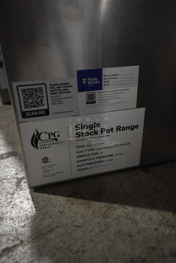 BRAND NEW SCRATCH AND DENT! Cooking Performance Group CPG 351CPGSP18L Stainless Steel Commercial Countertop Propane Gas Powered Single Burner Stock Pot Range. 80,000 BTU.  - Image 4 of 4