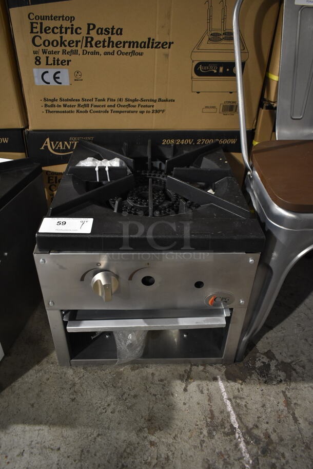 BRAND NEW SCRATCH AND DENT! Cooking Performance Group CPG 351CPGSP18L Stainless Steel Commercial Countertop Propane Gas Powered Single Burner Stock Pot Range. 80,000 BTU.  - Image 1 of 4