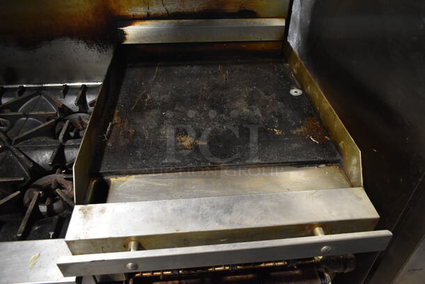 Garland SunFire Stainless Steel Commercial Natural Gas Powered 6 Burner Range w/ Right Side Flat Top Griddle, 2 Ovens, Over Shelf and Back Splash. - Image 3 of 7