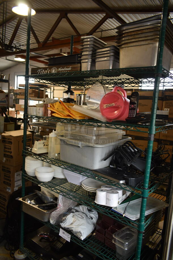 ALL ONE MONEY! Five Tier Lot of Various Items Including Stainless Steel Drop In Bins and Dishes. Does Not Include Shelving Unit. - Image 1 of 6