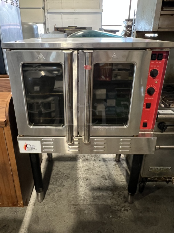 CPG Model FGC 100 Stainless Steel Commercial Natural Gas Powered Full Size Convection Oven w/ View Through Doors, Metal Oven Racks and Thermostatic Controls on Metal Legs. 54,000 BTU. 38x35x56