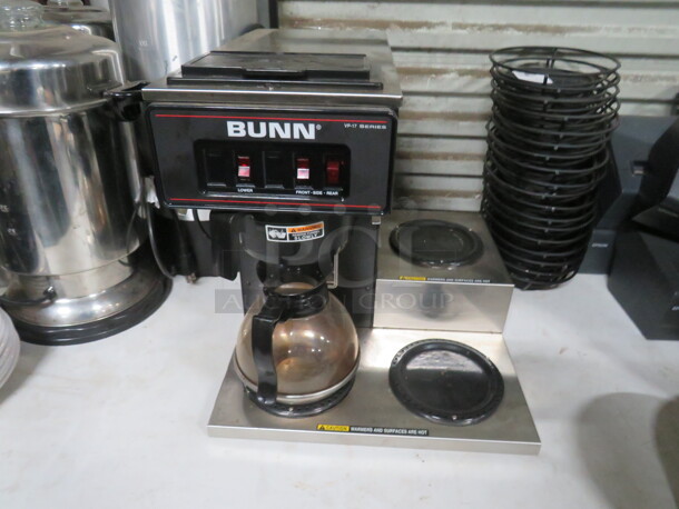 One Bunn Coffee Brewer With Filter Basket, 1 Pot And  And Dual Warmers. Model# VP-17. 120 Volt.
