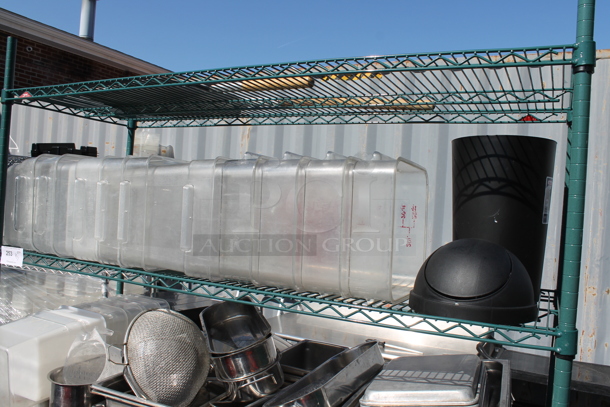 Metro Green Metal 5 Tier Wire Shelving Unit w/ Contents Including Poly Bins and Stainless Steel Drop In Bins. BUYER MUST DISMANTLE. PCI CANNOT DISMANTLE FOR SHIPPING. PLEASE CONSIDER FREIGHT CHARGES. - Image 5 of 5
