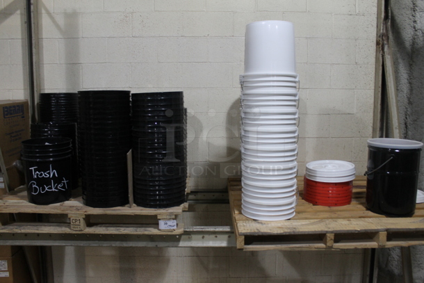 ALL ONE MONEY! TWO PALLET LOT of Various Barrels Including Poly Buckets. BUYER MUST REMOVE. - Image 1 of 3