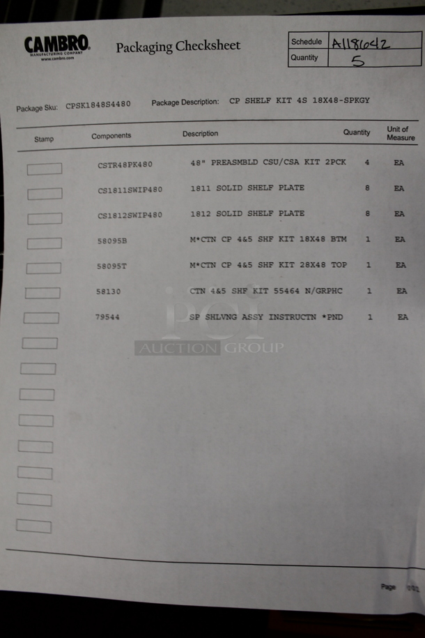2 BRAND NEW IN BOX Cambro CPSK1848S4480 Camshelving® Premium 18" x 48" Shelf Kit with 4 Solid Shelves. 2 Times Your Bid! - Image 5 of 5