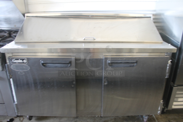 2015 Leader ESLM60S/C Stainless Steel Commercial Sandwich Salad Prep Table Bain Marie Mega Top on Commercial Casters. 115 Volts, 1 Phase. Tested and Does Not Power On - Image 1 of 8