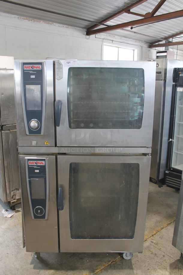 2013 Rational SCC WE 62 / SCC WE 102 Self Cooking Center Commercial Stainless Steel Electric Double Deck Combi Oven With Steel Pan Racks On Commercial Casters. 480V, 3 Phase. 2 Times Your Bid!  - Image 1 of 9