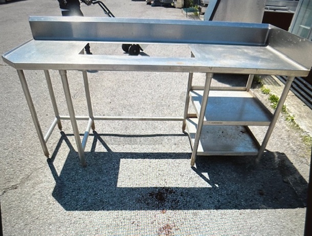 One Stainless Steel Table With A 34X14.5 Cutout, Back Splash,  Right Side Splash, And 2 SS Under Shelves. 84X30X43 - Image 1 of 2