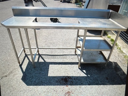 One Stainless Steel Table With A 34X14.5 Cutout, Back Splash,  Right Side Splash, And 2 SS Under Shelves. 84X30X43