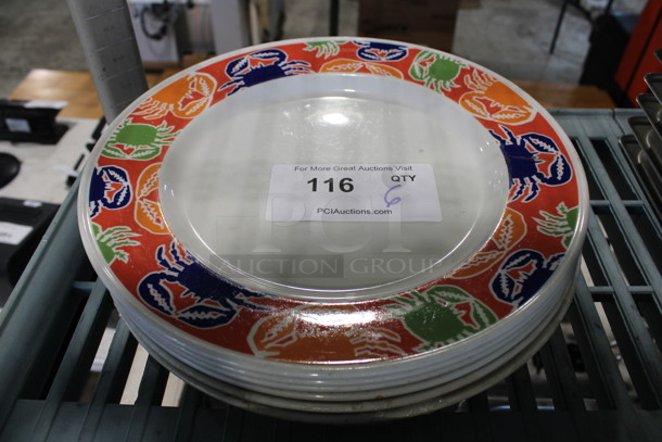6 White Ceramic Plates w/ Multi Color Crab Design on Rim. 12x12x1. 6 Times Your Bid!