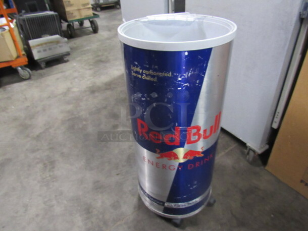 One Red Bull Merchandiser On Casters.