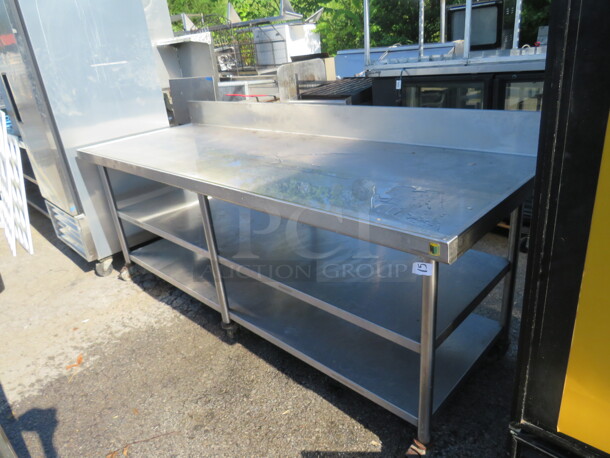 One Stainless Steel Table With 2 Stainless Steel Under Shelves, Back Splash, On Casters. 90X32X39 - Image 2 of 2