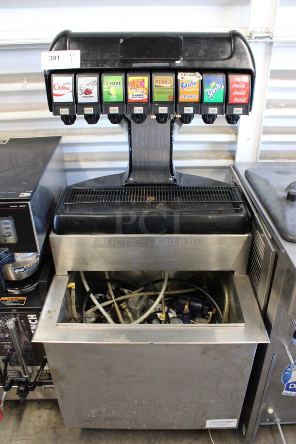 Stainless Steel Commercial 8 Flavor Carbonated Soda Machine on Stainless Steel Drop In Ice Bin. 115 Volts, 1 Phase. 25x25x51