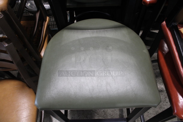 2 Black Metal Bar Height Chairs w/ Green Seat Cushion. 17x16x43. 2 Times Your Bid! - Image 3 of 3