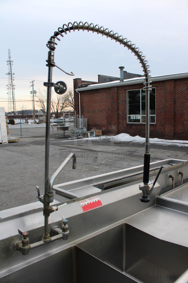 Duke Stainless Steel Commercial 3 Bay Sink w/ Dual Drainboards, Faucet, Handles and Spray Nozzle Attachment. 84x27x44. Bays 16x21x14. Drainboards 16x23x1 - Image 4 of 6