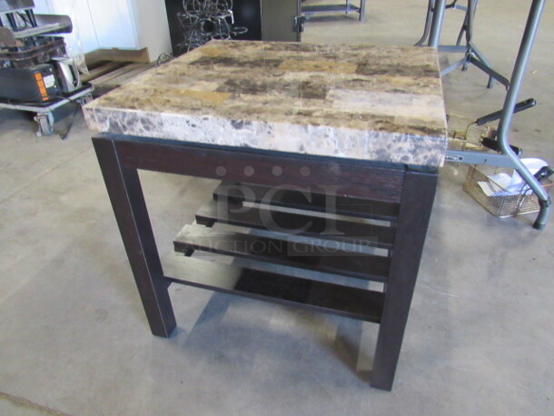 One Wooden Side Table With Granite Look Top And Under Shelf. 22X20X22