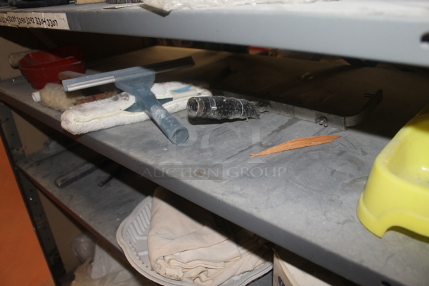 Gray Metal Shelving Unit w/ Contents Including Poly Bucket and Paint Roller Brushes. BUYER MUST REMOVE. - Image 8 of 9