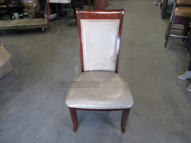 Wooden High Back Side Chair With Beige Cushioned Seat And Back. 