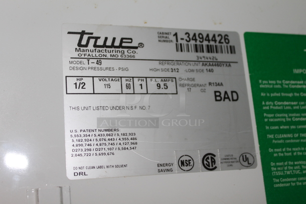 True T-49 Stainless Steel Commercial 2 Door Reach In Cooler w/ Poly Coated Racks on Commercial Casters. 115 Volts, 1 Phase. Tested and Working! - Image 5 of 6