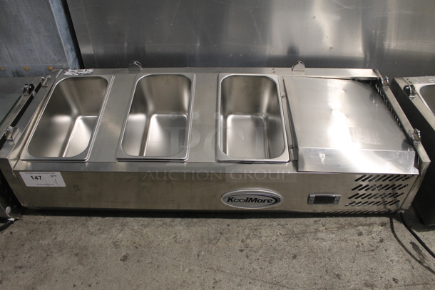 BRAND NEW SCRATCH AND DENT! KoolMore SCDC-3P-SSL Stainless Steel Commercial Countertop Refrigerated Rail w/ 3 Drop In Bins. 115 Volts, 1 Phase. Tested and Powers On But Does Not Get Cold - Image 1 of 11