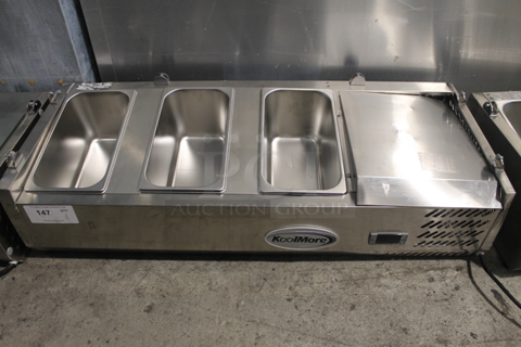 BRAND NEW SCRATCH AND DENT! KoolMore SCDC-3P-SSL Stainless Steel Commercial Countertop Refrigerated Rail w/ 3 Drop In Bins. 115 Volts, 1 Phase. Tested and Powers On But Does Not Get Cold