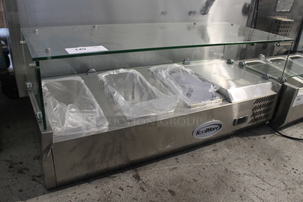 BRAND NEW SCRATCH AND DENT! KoolMore SCDC-3P-SSL Stainless Steel Commercial Countertop Refrigerated Rail w/ 3 Drop In Bins and Glass Sneeze Guard. 115 Volts, 1 Phase. Tested and Working! - Image 1 of 12