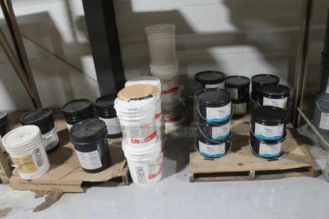 ALL ONE MONEY! TWO PALLET LOT of Various Items Including Pro Guard 2100 Pro Floor Resin, Seamtek TRP354 Medium Gray Resin. BUYER MUST REMOVE.