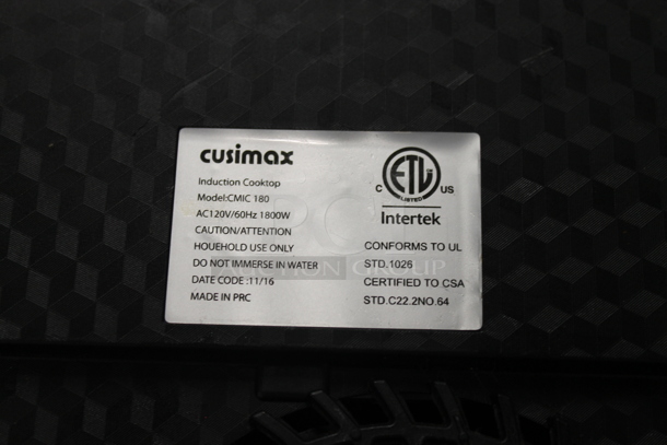 Cusimax CMIC 180 Metal Electric Powered Single Burner Induction Range. 120 Volts, 1 Phase.  - Image 3 of 3