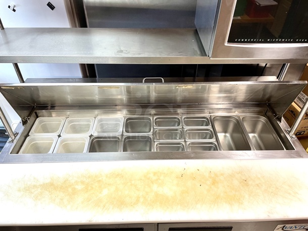 LOCKED, STOCKED & LOADED! Avantco 178APT60 60" 2 Door Refrigerated Sandwich Prep Table With Removable and Adjustable (2) Level Over-Shelf and: (8) 1/6 Pans, (6) 1/9 Pans and (2) 1/3 Pans,. 60 x 31 x 42 3/8.Height With Overshelf 74-3/8"  **Microwave Not Included** - Image 3 of 5