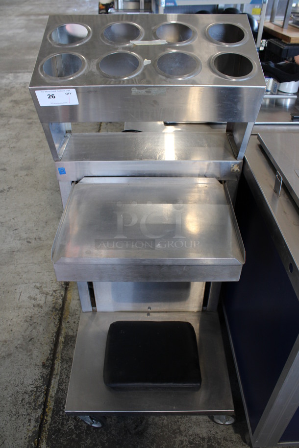 Stainless Steel Commercial Floor Style Portable Tray Return Rack w/ 8 Top Cut Outs For Silverware Bins on Commercial Casters. 23x25.5x51