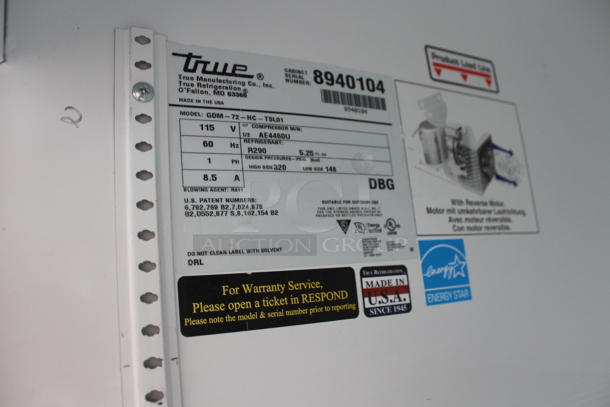 2016 True GDM-72-HC-TSL01 ENERGY STAR Metal Commercial 3 Door Reach In Cooler Merchandiser w/ Poly Coated Racks. 115 Volts, 1 Phase. Tested and Working! - Image 3 of 5