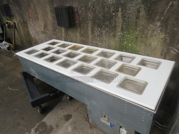 One Working Vollrath Drop In Refrigerated Cold Well With Adapter Plate With 20-1/6 Size Food Containers. 120 Volt. Model# 36436. 68X26X25.  - Image 2 of 2
