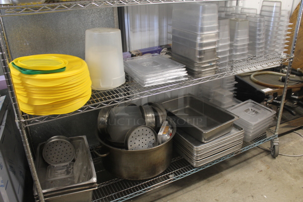 ALL ONE MONEY! Lot of Plastic And Stainless Steel Drop In Bins In Variety of Sizes, Yellow Circular Lids, Plastic Rectangular Lids, Rice Cooker, Baking Sheets, Small Strainers, AND MORE!  - Image 8 of 12