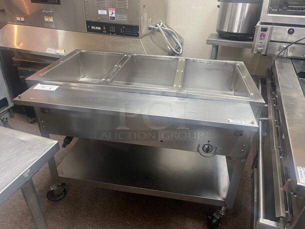 Working! Duke 303 44 inch Commercial Aerohot  Hot Food Stream Table w/ (3) Wells & Cutting Board, on Casters  Natural Gas NSF Tested and Working!