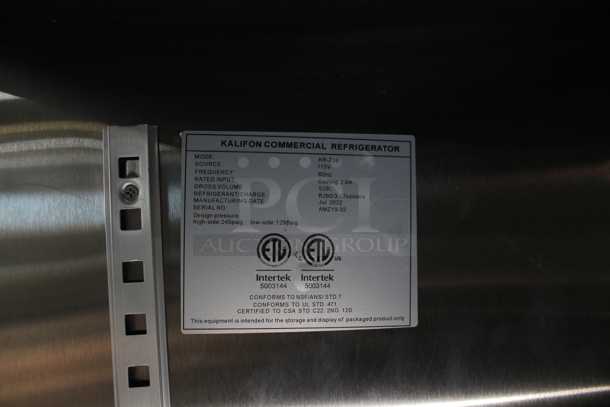 BRAND NEW SCRATCH AND DENT! 2022 Kalifon KR-23B Stainless Steel Commercial Single Door Reach In Cooler w/ Poly Coated Racks on Commercial Casters. 115 Volts, 1 Phase. Tested and Working! - Image 7 of 7