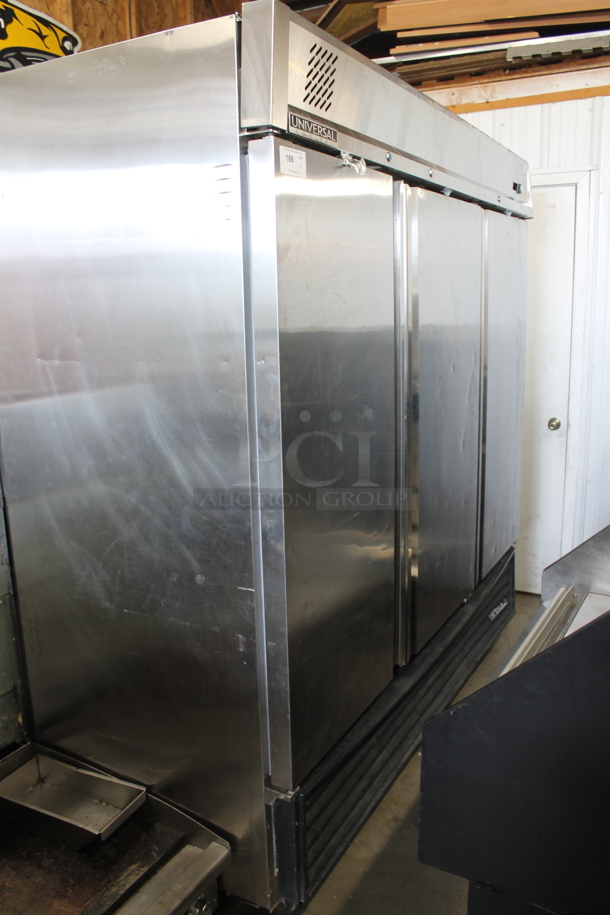 Universal RIFI-81 Stainless Steel Commercial 3 Door Reach In Cooler w/ Poly Coated Racks. Cannot Test Due To Missing Power Cord - Image 1 of 9