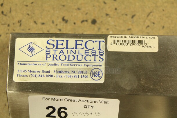 NEW! Select Stainless Commercial Stainless Steel Handsink With Backsplash. 19x15x15 - Image 2 of 3