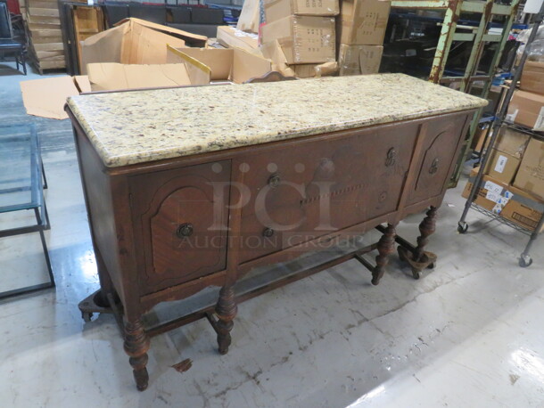 One AWESOME Vintage Wooden Buffet With 2 Doors And 2 Drawers And A Granite Top. 67X21X38 - Image 2 of 3