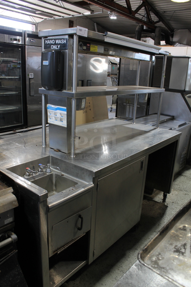 Stainless Steel Counter w/ Sink Bay, 2 Over Shelves and Door.