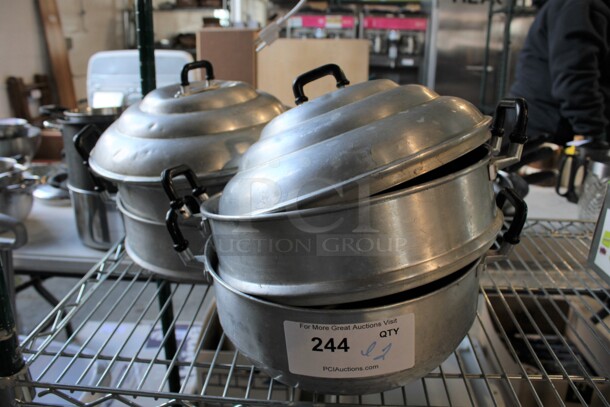 2 Metal Stacking Pots; Each Has a Base, Steam Level and Lid. 13x10.5x12, 15x12x12. 2 Times Your Bid!