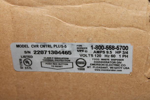 IN ORIGINAL BOX! Insinkerator CVR CNTRL PLUS-5 Garbage Disposal. 120 Volts, 1 Phase.  - Image 9 of 9