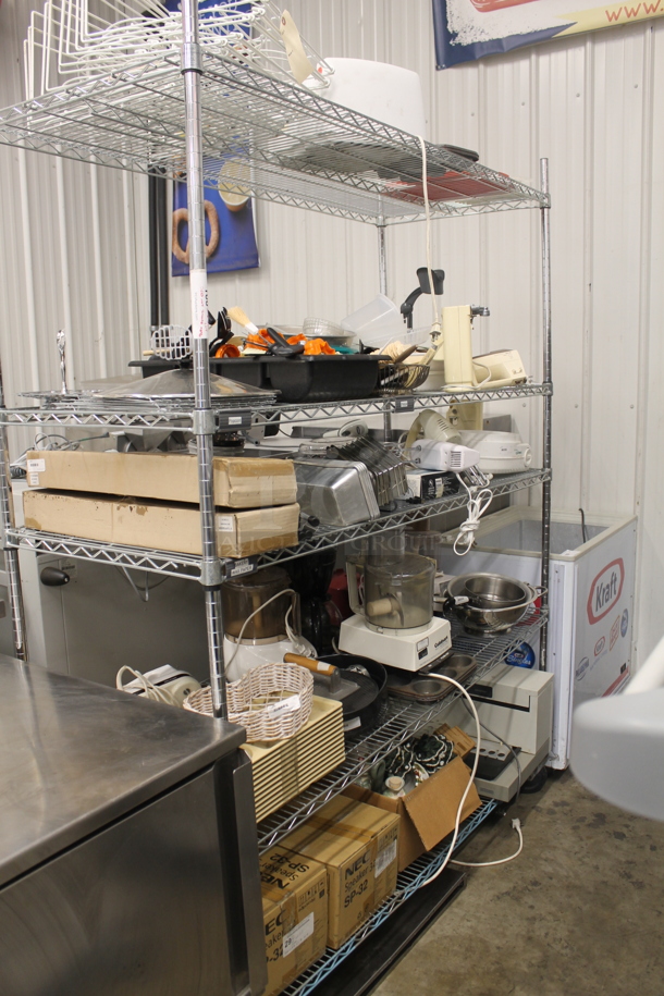 ALL ONE MONEY! Lot of Strainers, Stainless Steel Masher, Steel Drop In Bins, Hand Mixers, Small Steel Pot, Cuisinart Food Processor, Muffin Baking Sheets, Coffee Maker, Heart Shaped Wicker Basket, Salt And Pepper Shakers, Christmas Decorations, 2 Boxes Of NEC SP-32 Speakers AND MORE! Does Not Include Metro Shelf. - Image 1 of 12