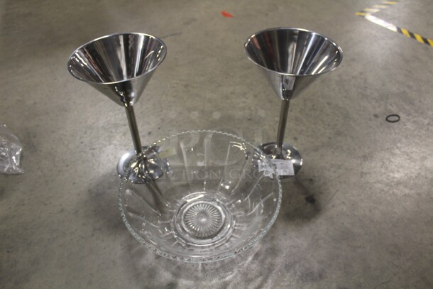 ALL ONE MONEY! Two Plastic Martini Glass Servers (9x15) And 1 Glass Punchbowl (15x6) 