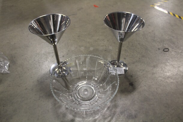 ALL ONE MONEY! Two Plastic Martini Glass Servers (9x15) And 1 Glass Punchbowl (15x6)  - Image 1 of 1